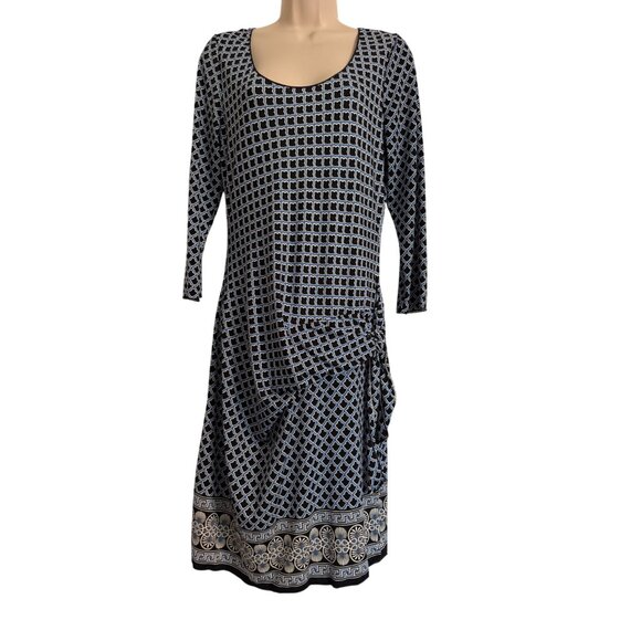 Max Studio Stretchy Mock Wrap Size Large Print Dress 3/4 Sleeve Blue Scoop Neck - Picture 1 of 8